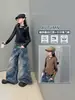 Nueva colección de otoño para niñas: Conjunto de dos piezas para chicas mayores: blusa interior de encaje patchwork y pantalones vaqueros acampanados de cuadros, con un estilo holgado y casual.