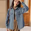 Foto Real de la Nueva Moda Femenina 2025 Elegante Versátil Retro Cuello Solapa Color Sólido Lavado Suave Top Camisa de Mezclilla para Mujer