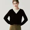 Suéter Básico Tricotado 100% Caxemira Pura Feminino Redondo com Decote em V Estilo Old Money, Suéter Color Block Emagrecedor Relaxado, Falso Duas Peças