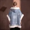Capa para Mujer, Ropa de Abrigo, Forro Polar Otoño e Invierno, Lana Sintética, Azul Copo de Nieve, Con Capucha, Holgada, Talla Grande, Abrigo Grueso, Poncho