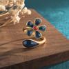 Anel Estilo Chinês Girassol com Imitação de Rubi, Anel Artesanal Esmalte Cloisonné Banhado a Ouro Cobre, Anéis de Casal com Design Floral