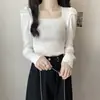 Moda Outono/Inverno Estilo Estrangeiro Slim Fit Manga Longa Tricô Gola Quadrada Francesa Manga Bufante Suéter Camada Base Feminina