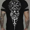 Camiseta Masculina Preta de Manga Curta com Design Único de Runa Viking e Árvore da Vida - Padrão Estilo Escandinavo