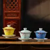 Tigela de Esmalte com Tampa Três Talentos com Pássaros Alegres em Galhos, Estilo Chinês Vintage Cerâmica Doméstica Tigela de Chá Kung Fu, Infusor de Chá Único