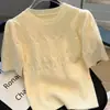 Camiseta de Tricô Manga Curta Gola Redonda Ponto Pit Romboide Fio Cardado Camiseta Base Feminina Primavera 2025 Nova Doce