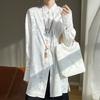 Camisa de cetim jacquard estilo chinês nova camisa feminina guofeng zen top comprimento médio fenda lateral franja camisa jaqueta cardigan