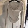 Camiseta de Manga Larga con Botones y Encaje, Cuello en V, Puro Deseo, Terciopelo Alemán, Nuevo Estilo Otoño e Invierno para Mujer, Top Básico Ajustado, Moderno