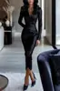 Saia Europeia e Americana de Cruzamento de Fronteira Estilo Deusa de Comprimento Médio Justa ao Corpo, Vestido de Alta Costura V-Neck com Cinto Satinado Famoso para Mulheres