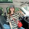 Camiseta Solta Listrada Color Block Estilo Coreano para Mulheres, Estilo Fofo Desenho Animado Graffiti, Redutora de Idade Comprimento Médio Moda Tendência Slimming Look Top Ins