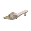 Zapatillas elegantes de estilo francés para mujer, ropa exterior de verano, nuevas sandalias de lentejuelas con tacón de gatito y falda