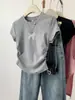 Camiseta de Algodón Puro Gris con Lazo Manga Corta para Mujer Diseño de Verano Sentido de la Moda Nicho Hombro Normal Corte Ajustado Top Favorecedor