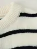 Ins Cruzado Feminino Outono Novo Estilo Europeu e Americano Design Estilo Bolso Manga Longa Gola Redonda Listrado Malha Suéter Casaco