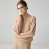 Suéter de cachemira para mujer con cuello semi-alto, estilo de lujo ligero, manga larga, jacquard tejido finamente, corte holgado, versátil, top base de punto agradable para la piel