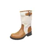 Botas de Caballero para Mujer, Botas de Tacón Grueso de Cuero Suave hasta la Mitad de la Pantorrilla, Estilo Británico 2026, Patchwork, Botines con Hebilla Vintage, Nuevo Modelo Adelgazante