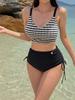 2025 Nuevo Bikini de Baño Europeo y Americano para Mujer Dividido Rayas Color Sólido Tirantes Cruzados Múltiples Cuerdas Bikini