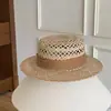 Sombrero de Paja Hueco Estilo Old Money para Mujer, Sombrero de Playa de Verano, Vacaciones en la Playa, Estilo Británico, Elegante, Sombrero de Copa Plana que Adelgaza el Rostro