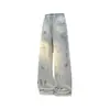 Jeans de Marca Nasa Estilo Retro Americano con Manchas y Arañazos de Gato para Hombre, Pantalones de Pierna Recta Sueltos Acampanados para Todas las Estaciones