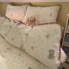 Conjunto de 4 peças de algodão puro com gaze dupla de algodão puro tipo A capa de edredom saia de cama capa de edredom lençol de cama conjunto de 3 peças para estudante de dormitório 4