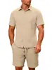 Camisa Jacquard de Manga Corta de Color Sólido para Hombre Pantalones Rectos de Cinco Puntos con Cordón Conjunto Casual de Dos Piezas de Verano Amazon