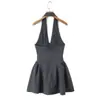 8176-26 Primavera Estilo Francés Sexy Gama Alta Estilo Dama Madura Terciopelo Lunares Ajustado Ceñidor de Cintura Vestido Halter Vestido de Vacaciones