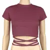Venta caliente de verano Ins europeo y americano nuevo sexy camiseta ombliguera para mujer con tiras de encaje, top ajustado adelgazante con cordón, manga corta