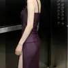 Nube de Rosa Qqny Comercio Exterior Europeo y Americano Estilo Nuevo Lencería Sexy, Vestido Transparente de Malla Color Sólido con Abertura Alta para Mujeres