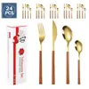Juego de Cubiertos de Acero Inoxidable 430 Nuevo Transfronterizo, 24 Piezas Hotel Imitación Madera Steak Knife, Tenedor, Cuchara de Postre, Vajilla Occidental