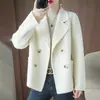 Ropa Exterior de Lana Doble Cara 100% Pura para Mujer con Solapas, Chaqueta Corta de Lana de Color Puro Simple, Cárdigan Versátil con Bolsillos