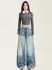 Jeans Azules Retro Vintage Americanos para Mujer, Nuevo Estilo Otoño e Invierno 2025, Cintura Media-Baja, Pierna Recta Holgada, Ligeramente Acampanados, Pantalones de Longitud al Suelo