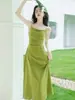[En Stock] Cárdigan de Verano de Gama Alta, Elegante y Impresionantemente Hermoso 2026 Nuevo Estilo Vestido Verde de Dos Piezas Estilo Francés