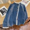 Jin Bukang Design Elegante Sense Lace Denim Camisa Feminina Outono e Inverno plus size Sense Camisa Casaco Curto Roupas