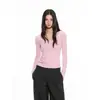 Archivun Otoño Retro Hombro Normal Cuello Henley Doble Capa Dobladillo Enrollado Manga Larga Tejido Capa Base Top Ajustado Camiseta