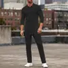 Conjunto Masculino de Camisa Polo com Gola Waffle Nova Primavera e Outono + Calça Esportiva Casual Simples Tendência