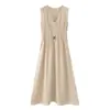 Bestseller transfronteiriço do AliExpress primavera 2026 novo vestido midi plissado feminino sem mangas com decote V 7164789