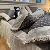 Juego de Cama Pequeño Floral de Cuatro Piezas Estilo Francés de Gama Alta con Encaje Vintage, Borde de Encaje Hueco, Sábana de Chifón Arrugado, Funda de Edredón y Faldón de Cama