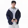 Otoño Invierno Moda Retro para Hombre Color Sólido Versátil Sudadera con Capucha Cárdigan Estilo Perezoso Artístico Holgado Costuras de Contraste Chaqueta con Cremallera