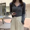Suéter de punto con cuello polo para mujer para otoño e invierno, engrosado, cuello en V de deseo puro, manga larga, que revela la clavícula, top ajustado