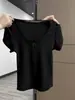 Camiseta Branca de Renda com Laço Pure Desire, Decote em U, Exposta na Clavícula, Estilo Spice Girl, Manga Curta, Ombro a Ombro, Nova para Primavera e Verão, Top Slim