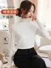 Camiseta interior básica de manga larga para mujer, cuello medio alto, corte ajustado, elástica, antiestática, color liso, simple, para el trabajo