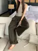 Pantalones cargo plisados de cintura alta en color verde para mujer, pantalones anchos versátiles de corte holgado para el verano, para ir al trabajo y uso casual