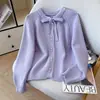 Suéter Morado de Manga Larga Otoño/Invierno 2026 para Mujer, Cárdigan de Punto Holgado para Superponer, Ropa Exterior con Botones, Blusa Suave con Lazo
