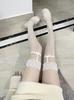 Medias de Seda Perlescente con Encaje para Mujer Sexy Negras Puras de Seda Calcetines de Tirante Único Grises Hasta la Rodilla Emocionales Delgados Anti-enganche de Seda