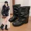 Botines Duiduizi de pierna ancha y tacón grueso, falda plisada de otoño, nuevo modelo 2026, negro, combinados con botines Martin de motociclista para mujer