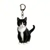Llavero de gato esmoquin acrílico negro mate y blanco, diseño de doble cara, llavero para mascotas para mochila