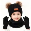 Conjunto de gorro, bufanda y guantes de punto para niños, conjunto cálido de otoño e invierno con gorro de orejeras y pompón, calentador de cuello con forro polar para niñas y bebés