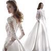Amazon Europeo y Americano AliExpress Comercio Exterior Vestido de Novia Satén Encaje Adelgazante Moda Manga Larga Espalda Descubierta Cola Vestido de Noche