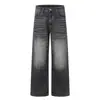 Jeans elegantes y casuales de pierna recta y pierna ancha en un rico lavado negro-gris vintage, diseñados tanto para hombres como para mujeres, con un corte holgado y un acabado desgastado y resistente.