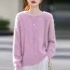 Suéter de Tricô Gola Redonda Lã Cashmere Outono/Inverno 2026 Manga Longa Feminino Padrão Torcido Suéter Top de Lã Escovada