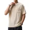 Camiseta de lino para hombre con cuello mao estilo chino, escote en V, manga corta, nueva marca de ropa de trabajo de verano moderna, camiseta Polo de media manga para hombre