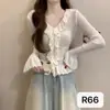 Top de punto con volantes en V, manga larga acampanada, corte ajustado, estilo dulce de chica, Fábrica de Ropa para Mujer